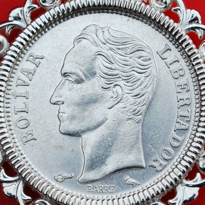 Head of Bolivar 1960 Venezuela 50 Centimos 0.835 Silver BU Unc Coin Soild 925 Sterling Silver Necklace