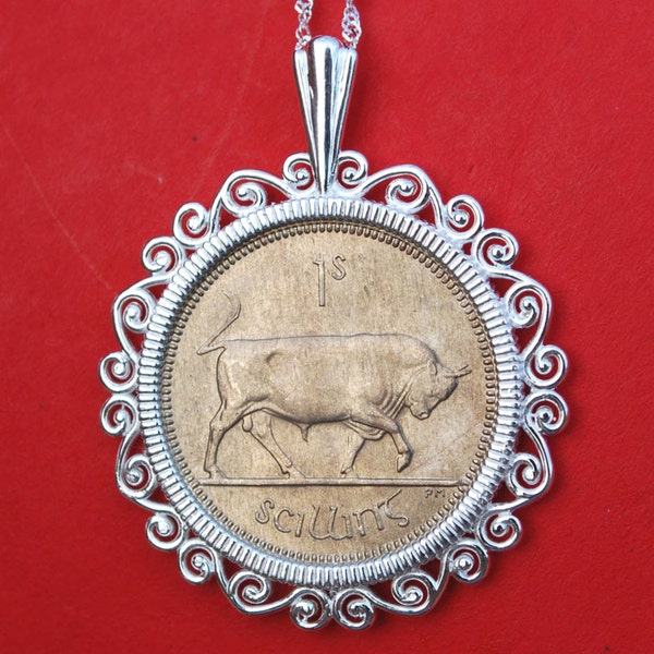 1968 Irish Ireland 1 Shilling Bull BU Unc Coin Solid 925 Sterling Silver Necklace NEW