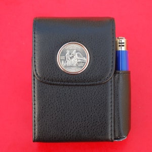 US 2005 State Quarter PU Leather Wrapped Stainless Steel Cigarette Case Lighter Holder - Minnesota, California, West Virginia, Kansas,Oregon