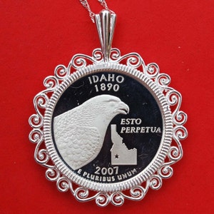 US 2007 Idaho Quarter 90% Silber Proof Münze Massiv 925 Sterling Silber Halskette w. 18" Sterling Silber Kette NEU
