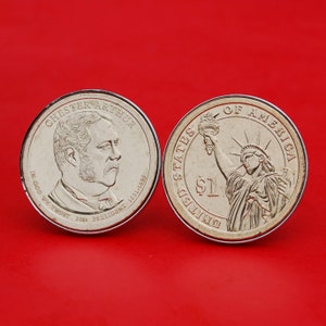 US 2012 Presidential Dollar BU Uncirculated Coin Silver Plated Cufflinks NEW -  Chester A. Arthur ( 1881−1885 Years Served ) Obverse Reverse
