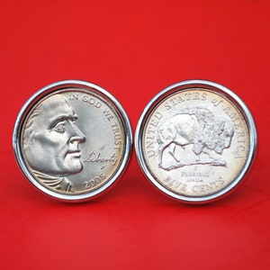 US 2005 Westward Journey Jefferson Nickel SeriesTM BU Uncirculated Coin Silver Plated Cufflinks NEW - American Bison - Obverse and Reverse