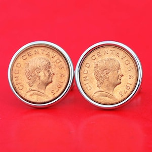 1973 Mexico 5 Cent Centavos BU Uncirculated Coin Silver Cufflinks NEW - Portrait of Josefa Ortiz de Domínguez to the Right