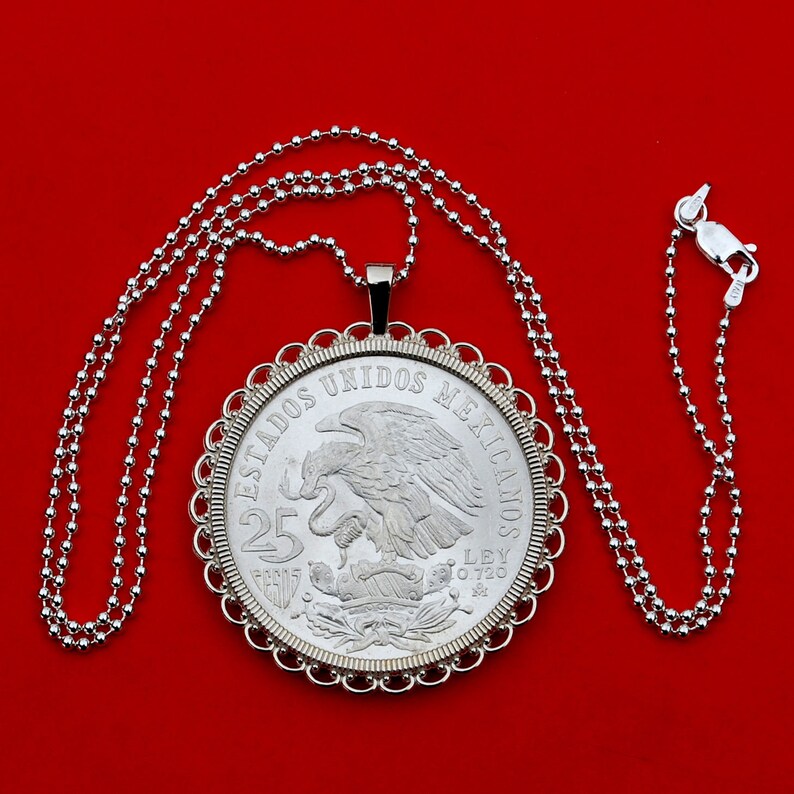 Wide Design National Arms Eagle on Cactus 1968 Mexico Olympic 25 Pesos Silver Coin Ley .720 Silver Coin 925 Sterling Silver Necklace NEW