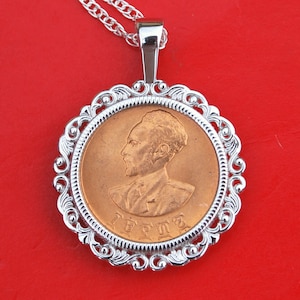 1944 Ethiopia Cent BU Uncirculated Coin Solid 925 Sterling Silver Necklace NEW - Haile Selassie