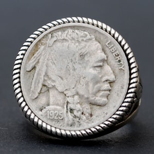 US 1925 Indian Head Buffalo Nickel Coin 925 Sterling Silver Signet Ring NEW - Buffalo Skull Design