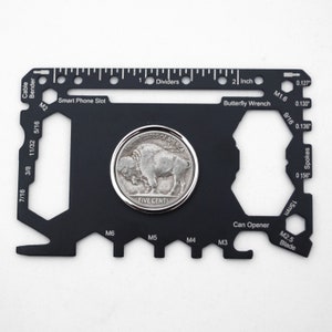 US 1913 ~ 1938 Indian Head Buffalo Nickel Coin Stainless Steel 46 in 1 Multi-functional Credit Card Survival Pocket Tool with Pouch - REV