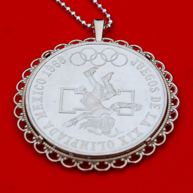 Wide Design National Arms Eagle on Cactus 1968 Mexico Olympic 25 Pesos Silver Coin Ley .720 Silver Coin 925 Sterling Silver Necklace NEW
