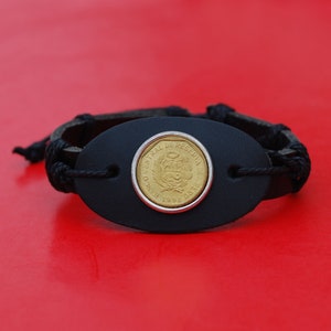 1998 Peru 5 Centavos Uncirculated Coin Genuine Black Leather Cuff Bangle Wristband Bracelet NEW - National Arms