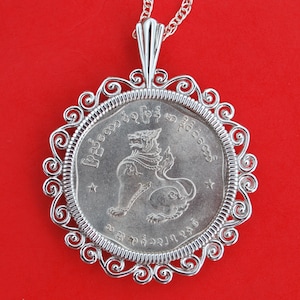 1965 Birmânia 25 Pyas BU Moeda Não Circulada 925 Colar de Prata Esterlina NOVO Chinze Chinthe (meio-leão birmanês meio-dragão) Leão Guardião Chinês