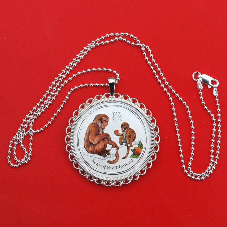 2016 Australia Lunar Chinese Monkey Year 12 oz .999 Fine Silver Round Colorized BU Uncirculated Coin 925 Sterling Silver Necklace NEW