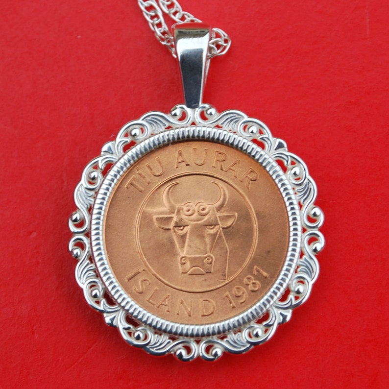 Bull Head 1981 Iceland 10 Aurar BU Uncirculated Coin Solid 925 Sterling Silver Necklace NEW