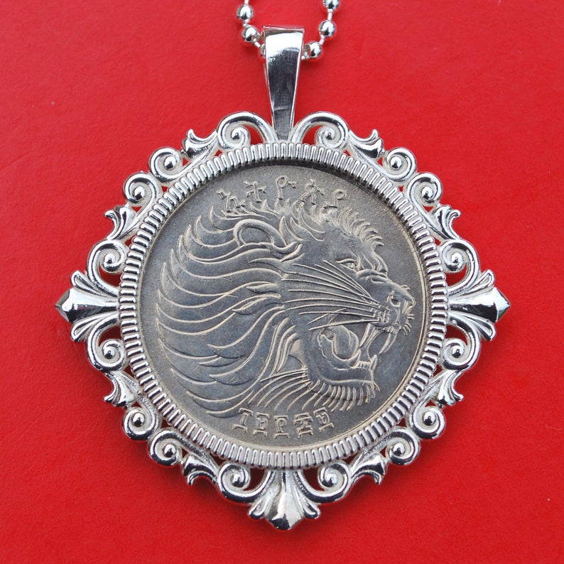 Lion 1977 Ethiopia 50 Cents BU Uncirculated Coin Solid 925 Sterling Silver Necklace NEW