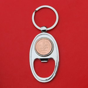 1991 Germany 2 Pfennig BU Uncirculated Coin Key Chain Ring Bottle Opener NEW - Five Oak Leaves