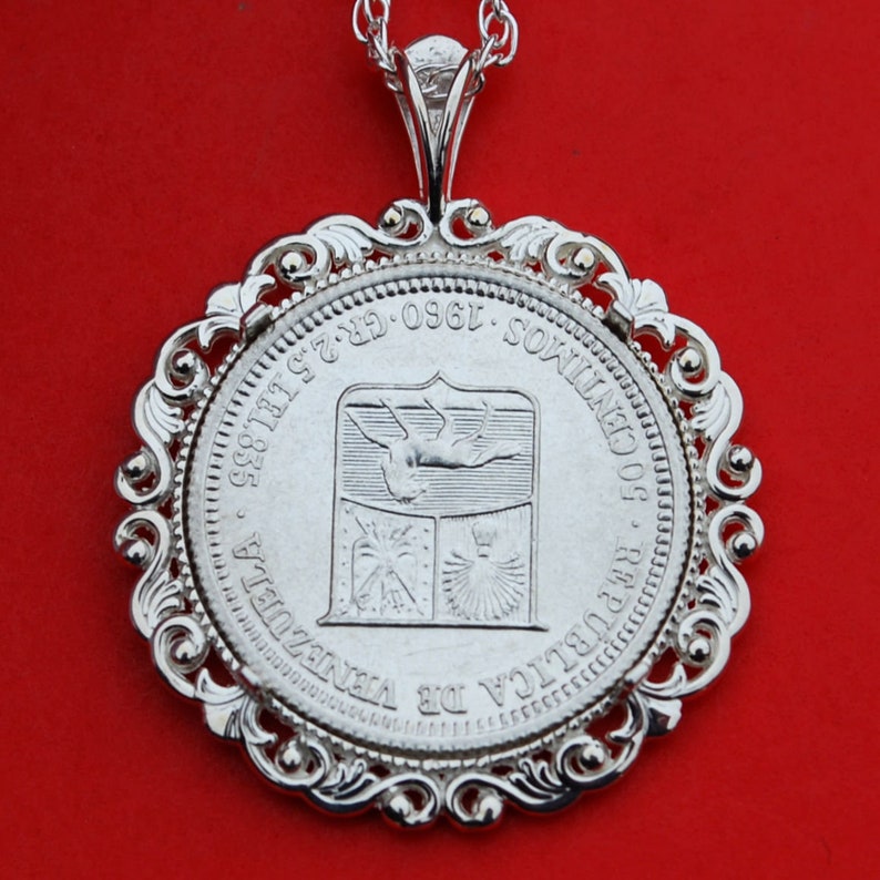 Head of Bolivar 1960 Venezuela 50 Centimos 0.835 Silver BU Unc Coin Soild 925 Sterling Silver Necklace