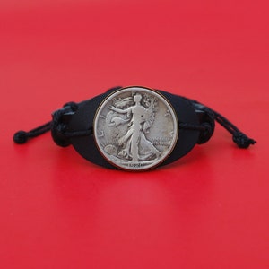 US 1917 ~ 1947 Walking Liberty Half Dollar 90% Silver Coin Genuine Black Leather Cuff Bangle Wristband Bracelet NEW