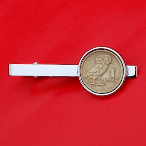 1973 Greece 1 Drachma Athena&#39;s Owl & Phoenix Coin Silver Plated Tie Clip Wildlife Animal