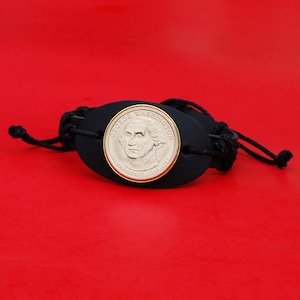 US 2007 Presidential Dollar BU Coin Genuine Black Leather Cuff Bangle Wristband Bracelet NEW - George Washington (1789−1797 Years Served)