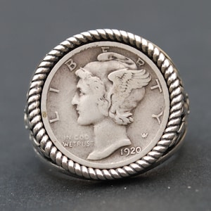 US 1920 Mercury Dime Strong Date 90% Silver Coin 925 Sterling Silver Signet Ring New - Bank Note Olive Leaf Design