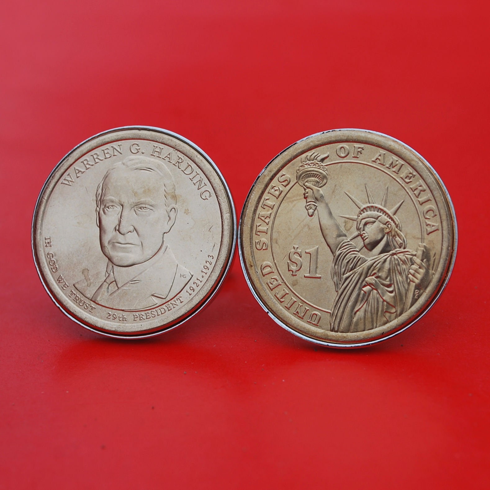 Harding 1921-1923 Years Served Warren G Obverses US 2014 Presidential Dollar BU Uncirculated Coin Silver Plated Cufflinks NEW