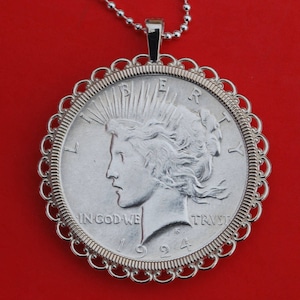 US 1924 Peace Silver Dollar Coin Solid 925 Sterling Silver Necklace NEW