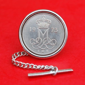 1973 Denmark 10 Ore BU Uncirculated Coin Silver Plated Tie Tac Tack Pin NEW - Crowned MIIR Monogram
