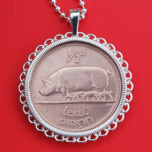 1964 Irish Ireland 1/2 Penny BU Uncirculated Coin Solid 925 Sterling Silver Necklace - Sow Pig with Piglets