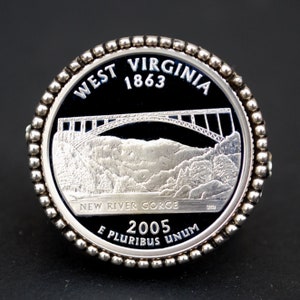 US 2005 West Virginia State Quarter 90% Silver BU Uncirculated Proof Coin 925 Sterling Silver Signet Ring NEW - American Eagle Design