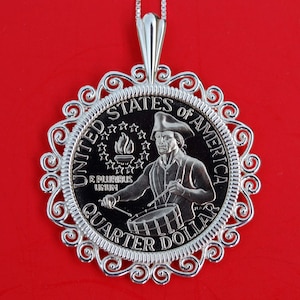 US 1776 - 1976 Washington Quarter Drummer Boy BU Unzirkulierte Proof Bicentennial Münze Massiv 925 Sterling Silber Halskette NEU