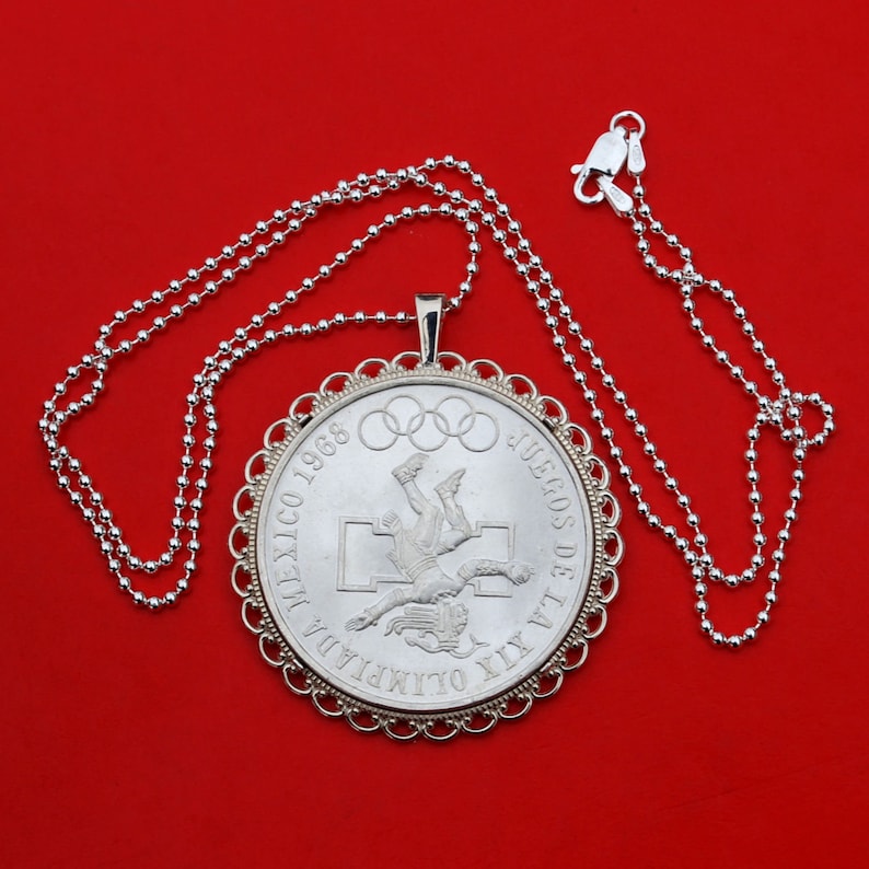 Wide Design National Arms Eagle on Cactus 1968 Mexico Olympic 25 Pesos Silver Coin Ley .720 Silver Coin 925 Sterling Silver Necklace NEW