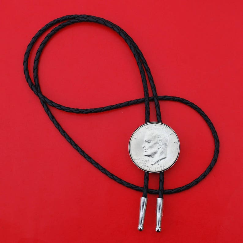 US 1971 ~ 1978 Eisenhower Dollar BU Uncirculated Coin Simple Slide 36 black Leatherette Cord Bolo Tie NEW