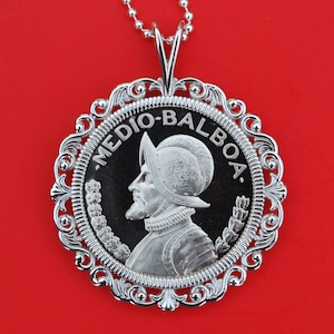 1973 Panama 1/2 Balboas BU Uncirculated Proof Coin Solid 925 Sterling Silver Necklace - Armoured Bust of Vasco Nunez de Balboa