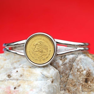 1985 Mexico 20 Pesos National Arms Eagle & Snake Coin Silver Plated Cuff Bracelet NEW