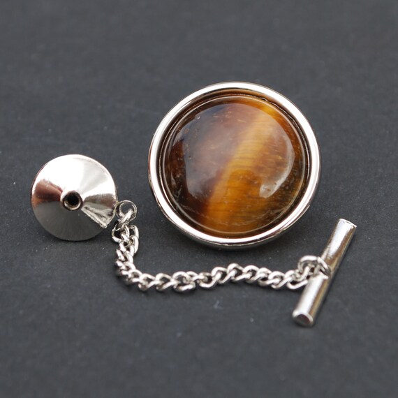Gorgeous Tiger's Eye 18mm Round Cabochon Silver Plated Tie Tac