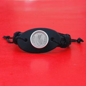1928 ~ 1968 Irish Ireland 3 Pence Harp Coin Genuine Black Leather Cuff Bangle Wristband Bracelet NEW