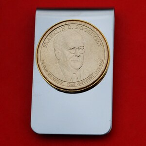 US 2014 Presidential Dollar BU Coin Stainless Steel Gold Silver Two Tone Money Clip NEW - Franklin D. Roosevelt (1933 - 1945 Years Served)