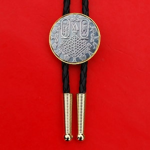 1/4 oz .999 Silver Round Simple Slide 36&quot; black Leatherette Cord Gold Bolo Tie NEW - Old World Style Egyptian King Tut w/Pyramid - REVERSE