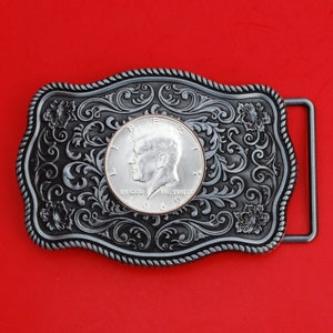 US 1965 ~ 1970 Kennedy Half Dollar 40% Silver BU Uncirculated Coin Silver Tone Belt Buckle NEW - Beautiful Western Scroll Design