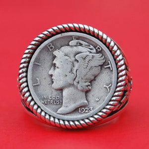 US 1923 Mercury Dime Strong Date 90% Silver Coin 925 Sterling Silver Signet Ring New - Bank Note Olive Leaf Design