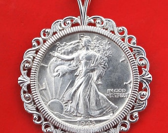 US 1940 ~ 1947 Walking Liberty Half Dollar 90% Silver AU Coin Soild 925 Sterling Silver Necklace w. 20" Sterling Silver Chain NEW