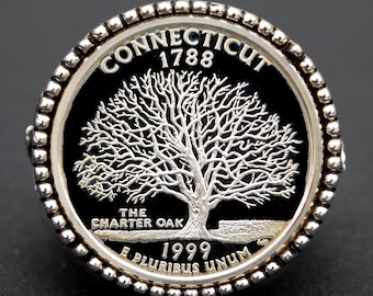 US 1999 Connecticut State Quarter 90% Silver BU Uncirculated Proof Coin 925 Sterling Silver Signet Ring NEW - American Eagle Design