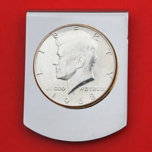 US 1965 ~ 1970 Kennedy Half Dollar 40% Silver BU Uncirculated Coin Stainless Steel Two Tone Large Money Clip NEW - Wide Design