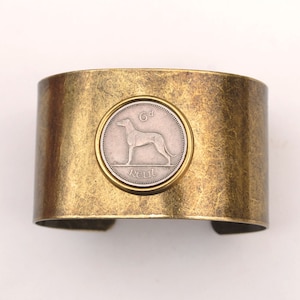 1928~1969 Irish Ireland 6 Pence Wolfhound Greyhound Dog Coin Solid Brass Antique Finish Cuff Bracelet