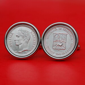 1960 Venezuela 50 Centimos 0.835 Silver BU UNC Mynt Manschettknappar NYA - Bolivar + Nationalvapen Ymnighetshorn, Häst, Flaggor, Lager, Olivkvist