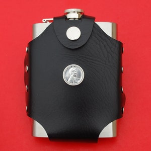 US 1943 Lincoln Small Cent Steel Coin Black PU Leather Wrapped Stainless Steel 8 Oz Hip Flask - Liquor, Water, Wine etc. - Lucky Penny