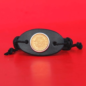 1973 Mexico 5 Centavos BU Coin Genuine Black Leather Cuff Bangle Wristband Bracelet NEW - National Arms Eagle on Cactus with Snake in Beak