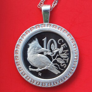 1974 British Virgin Islands 10 Cent Gem Proof Coin Solid 925 Sterling Silver Necklace NEW - Ringed Kingfisher