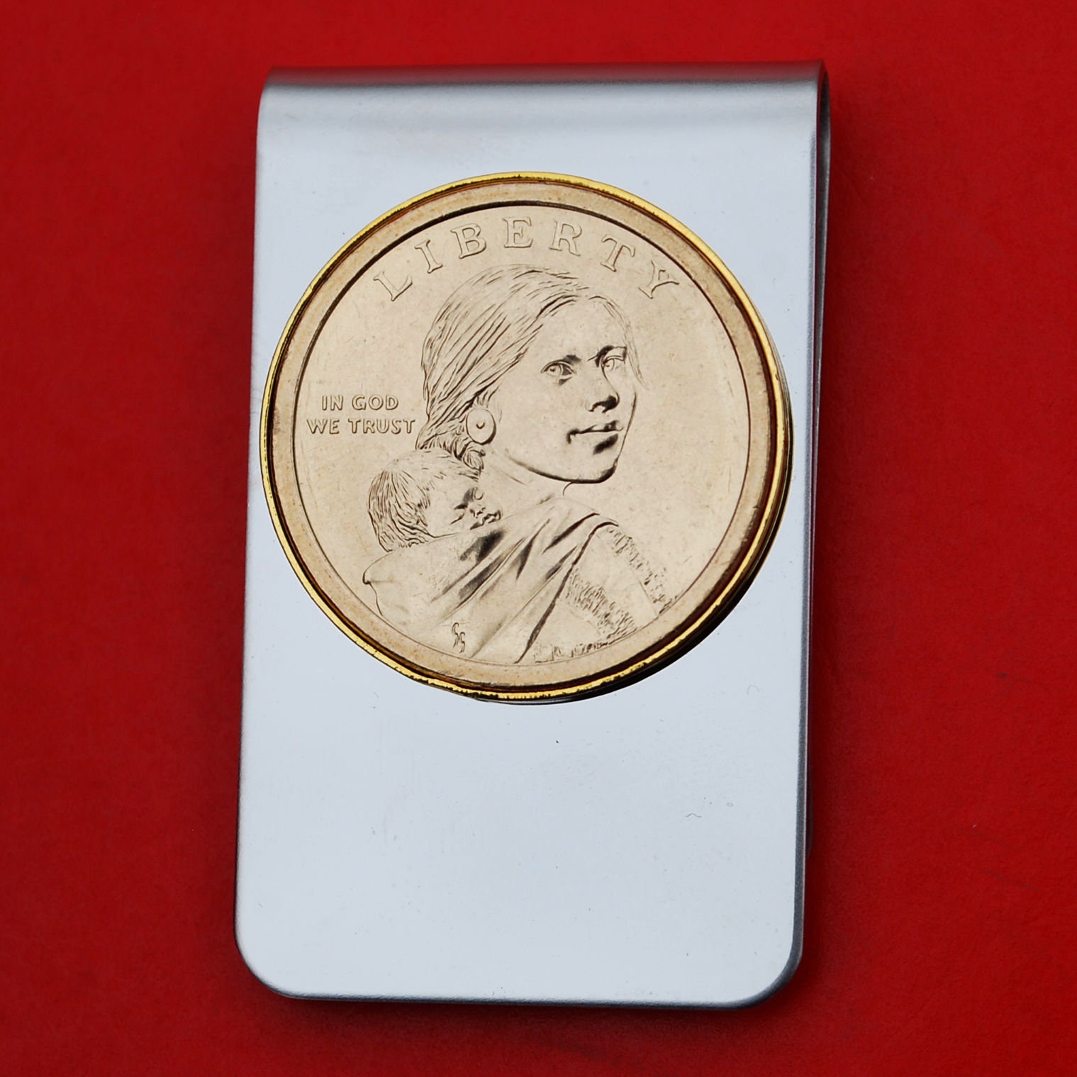 米国 2009 サカガウィア ドル BU 未流通コイン ステンレススチール ゴールド シルバー ツートン マネークリップ 新品 - サカガウィアと幼い息子