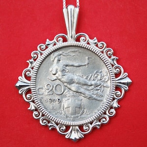 1909 Italy 20 Centesimi Coin Victory in Flight Solid 925 Sterling Silver Necklace NEW