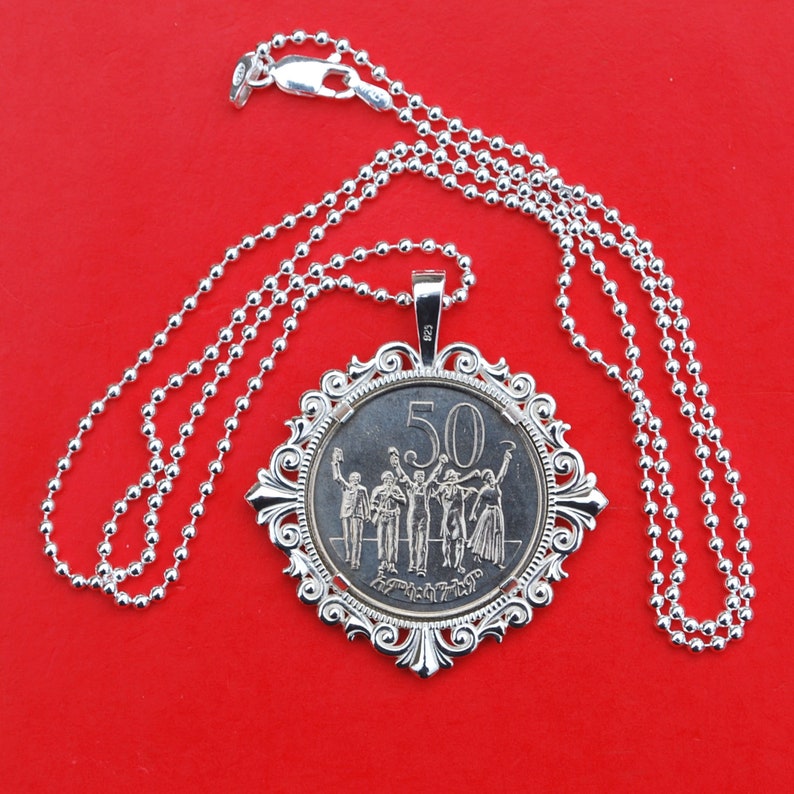 Lion 1977 Ethiopia 50 Cents BU Uncirculated Coin Solid 925 Sterling Silver Necklace NEW